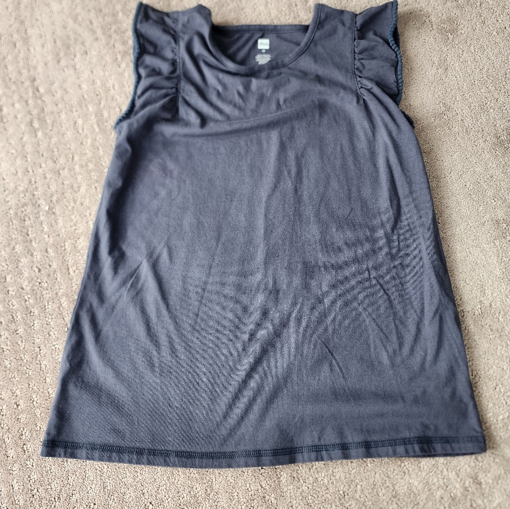 Tea Collection slate blue/gray tshirt w/flutter sleeve with pom pom detail sz 12